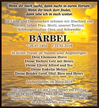Traueranzeige von Bärbel  von Mitteldeutsche Zeitung Aschersleben