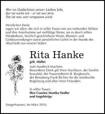 Traueranzeige von Rita Hanke von Mitteldeutsche Zeitung Sangerhausen
