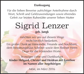 Traueranzeige von Sigrid Lenzer von WVG - Wochenspiegel Bitterfeld