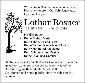 Traueranzeige von Lothar Rösner von Mitteldeutsche Zeitung Dessau-Roßlau