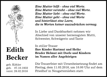 Traueranzeige von Edith Becker von Mitteldeutsche Zeitung Bernburg