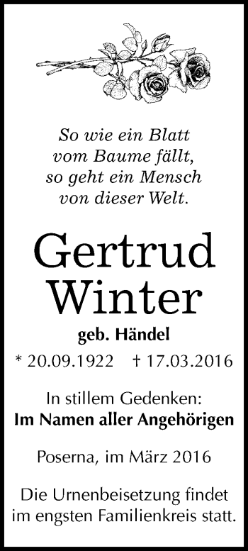 Traueranzeige von Gertrud Winter von Mitteldeutsche Zeitung Weißenfels
