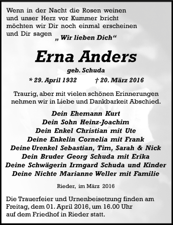 Traueranzeige von Erna Anders von Mitteldeutsche Zeitung Quedlinburg