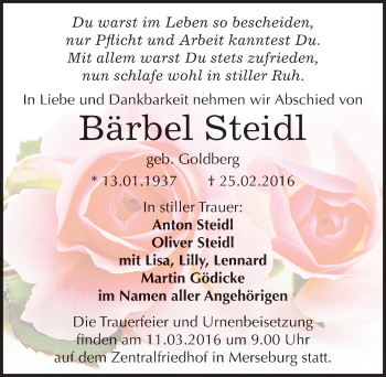 Traueranzeige von Bärbel Steidl von Mitteldeutsche Zeitung Merseburg/Querfurt