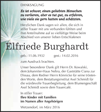 Traueranzeige von Elfriede Burghardt von WVG - Wochenspiegel NMB / WSF / ZTZ