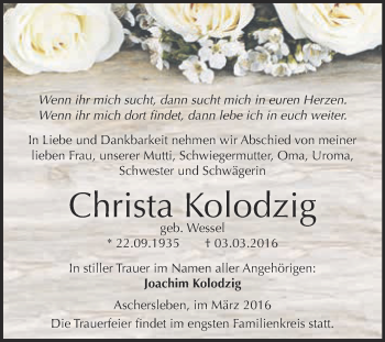 Traueranzeige von Christa Kolodzig von Super Sonntag Aschersleben