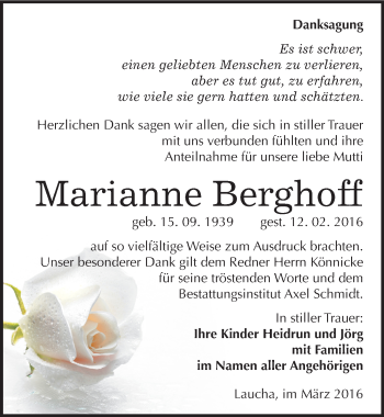 Traueranzeige von Marianne Berghoff von Mitteldeutsche Zeitung Naumburg/Nebra