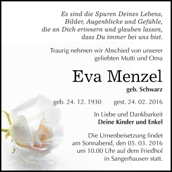 Traueranzeige von Eva Menzel von WVG - Wochenspiegel SGH