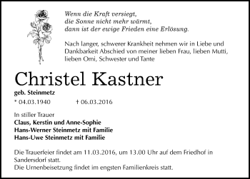 Traueranzeige von Christel Kastner von Mitteldeutsche Zeitung Bitterfeld