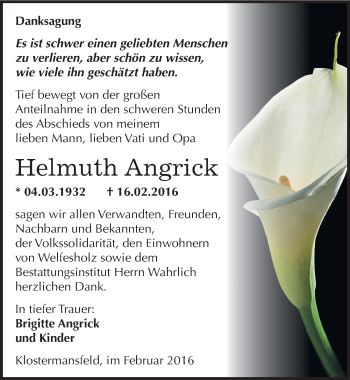 Traueranzeige von Helmuth Angrick von Mitteldeutsche Zeitung Mansfelder Land