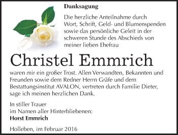 Traueranzeige von Christel Emmrich von Mitteldeutsche Zeitung Halle/Saalkreis