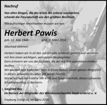 Traueranzeige von Herbert Pawis von Mitteldeutsche Zeitung Naumburg/Nebra