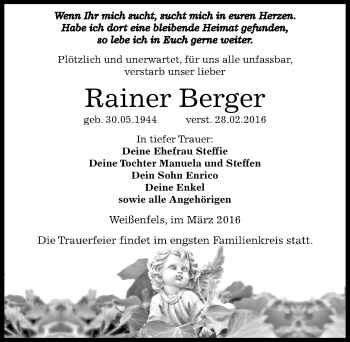 Traueranzeige von Rainer Berger von Mitteldeutsche Zeitung Weißenfels