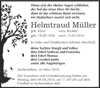 Traueranzeige von Helmtraud Müller von Super Sonntag Aschersleben