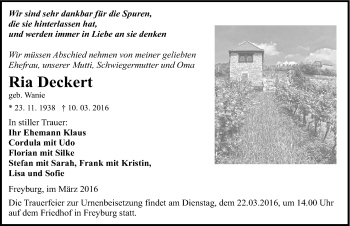 Traueranzeige von Ria Deckert von Mitteldeutsche Zeitung Naumburg/Nebra