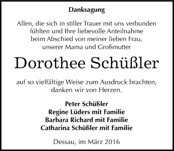 Traueranzeige von Dorothee Schüßler von Mitteldeutsche Zeitung Dessau-Roßlau