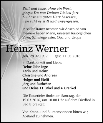 Traueranzeige von Heinz Werner von Mitteldeutsche Zeitung Naumburg/Nebra