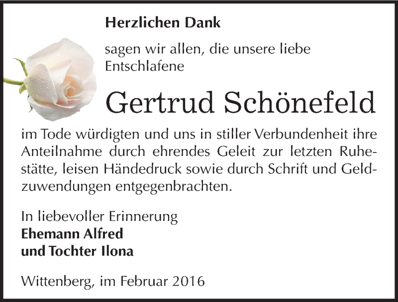  Traueranzeige für Gertrud Schönefeld vom 05.03.2016 aus Mitteldeutsche Zeitung Wittenberg