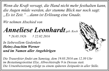 Traueranzeige von Anneliese Leonhardt von Mitteldeutsche Zeitung Dessau-Roßlau
