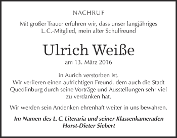 Traueranzeige von Ulrich Weiße von Super Sonntag Quedlinburg