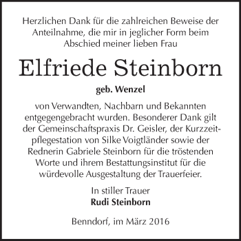 Traueranzeige von Elfriede Steinborn von Super Sonntag SGH Mansf. Land