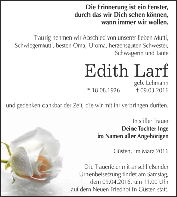 Traueranzeige von Edith Larf von Super Sonntag Bernburg