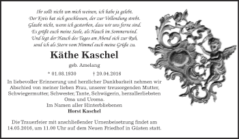 Traueranzeige von Käthe Kaschel von Super Sonntag Bernburg