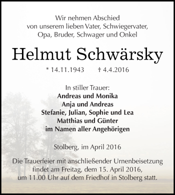 Traueranzeige von Helmut Schwärsky von Super Sonntag SGH Mansf. Land
