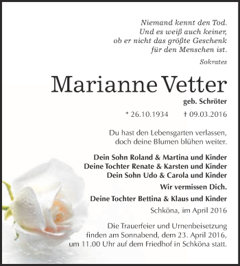 Traueranzeige von Marianne Vetter von WVG - Wochenspiegel Wittenberg
