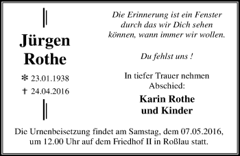 Traueranzeige von Jürgen Rothe von Mitteldeutsche Zeitung Dessau-Roßlau