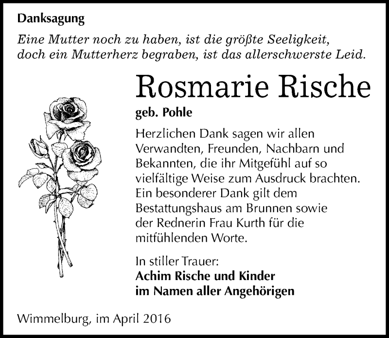  Traueranzeige für Rosemarie Rische vom 16.04.2016 aus Mitteldeutsche Zeitung Mansfelder Land