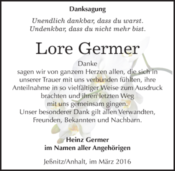 Traueranzeige von Lore Germer von Mitteldeutsche Zeitung Bitterfeld