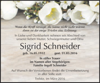 Traueranzeige von Sigrid Schneider von WVG - Wochenspiegel Wittenberg