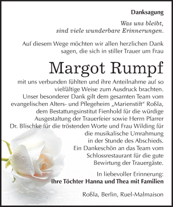 Traueranzeige von Margot Rumpf von Mitteldeutsche Zeitung Sangerhausen