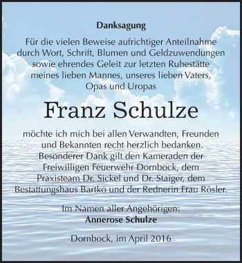 Traueranzeige von Franz Schulze von Mitteldeutsche Zeitung Köthen