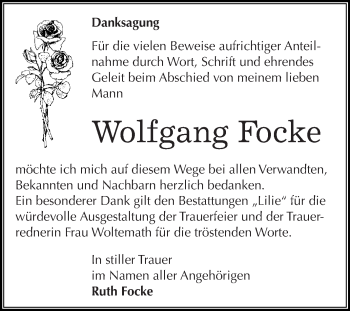 Traueranzeige von Wolfgang Focke von WVG - Wochenspiegel Dessau / Köthen