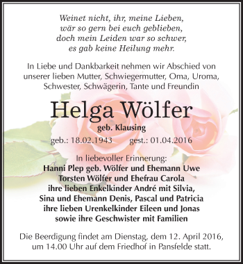 Traueranzeige von Helga Wölfer von Mitteldeutsche Zeitung Quedlinburg
