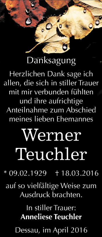 Traueranzeige von Werner Teuchler von WVG - Wochenspiegel Dessau / Köthen