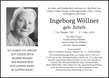 Traueranzeige von Ingeborg Wöllner von Mitteldeutsche Zeitung Zeitz