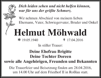 Traueranzeige von Helmut Möhwald von WVG - Wochenspiegel Dessau / Köthen