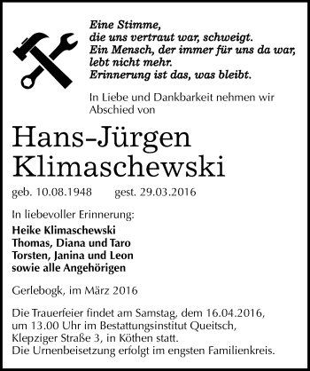 Traueranzeige von Hans-Jürgen Klimaschewski von Mitteldeutsche Zeitung Bernburg