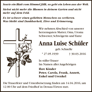 Traueranzeige von Anna Luise Schüler von WVG - Wochenspiegel Dessau / Köthen