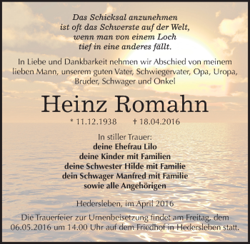 Traueranzeige von Heinz Romahn von Mitteldeutsche Zeitung Mansfelder Land
