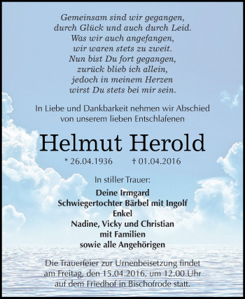 Traueranzeige von Helmut Herold von Wochenspiegel Mansfelder Land