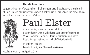 Traueranzeige von Paul Elster von Super Sonntag Aschersleben