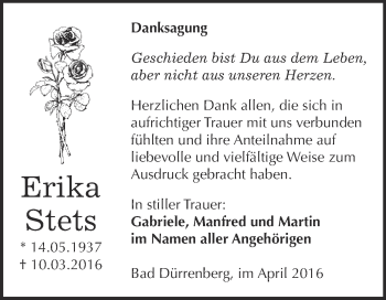 Traueranzeige von Erika Stets von Super Sonntag Merseburg