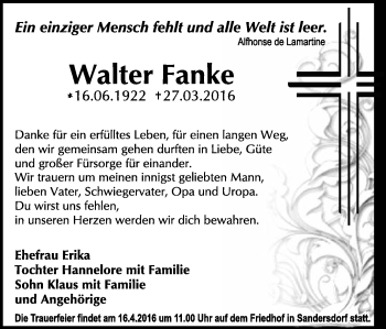 Traueranzeige von Walter Fanke von WVG - Wochenspiegel Bitterfeld