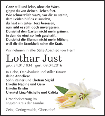 Traueranzeige von Lothar Just von Super Sonntag Zeitz