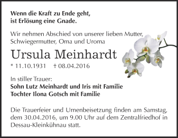 Traueranzeige von Ursula Meinhardt von WVG - Wochenspiegel Dessau / Köthen