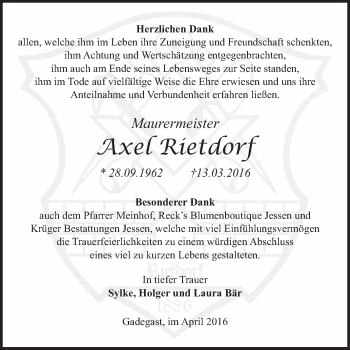 Traueranzeige von Axel Rietdorf von WVG - Wochenspiegel Wittenberg